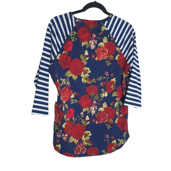LuLaRoe Randy M Women Floral Rose Striped Raglan Sleeve Top Blouse Casual Blue - Picture 7 of 8